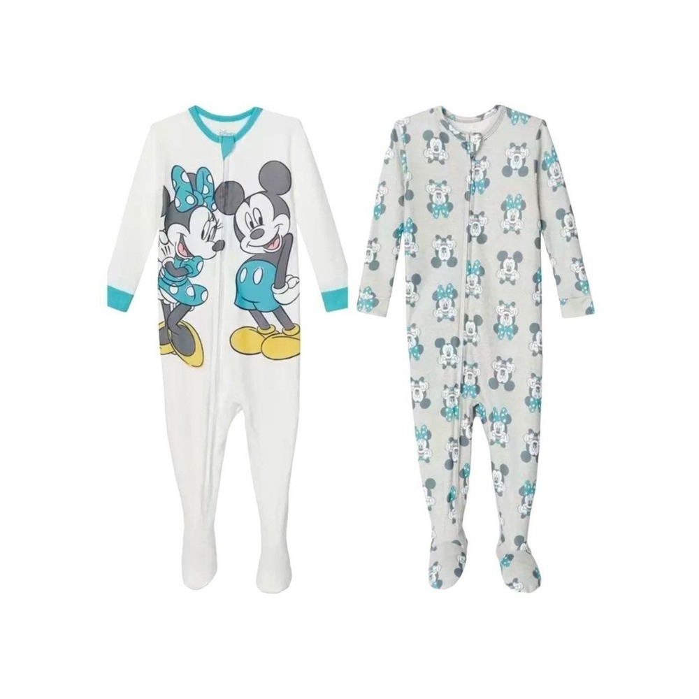 Disney Mickey Minnie‎ Mouse 2 Pack Footed Sleeper Pajamas White Gray 6M New!